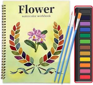 lot 10937 image: Watercolor Workbook, 10.3x8.3 Kit with Thick Paper & 3 Brushes BirdFlower
