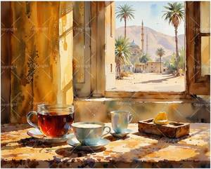 lot 10939 image: Desert Tea Set Paint by Numbers - DIY Tea Cups Oasis View on Canvas 16x20
