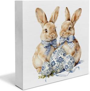 lot 10945 image: Easter Bunny Decorations Wooden Box Sign, Blue Chinoiserie Eggs, 5x5 Inch