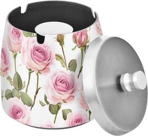 lot 10952 image: Pink Roses Leaves Vintage Ashtray with Lid, Outdoor Patio Stainless Steel