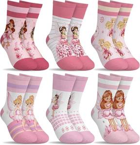 lot 10992 image: 6 Pairs Kids Girls Socks - Cartoon Pink Fairy Flower Butterfly 5-7