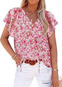 lot 11006 image: Womens Casual Floral Ruffle Short Sleeve Tops Boho V-Neck Blouses small