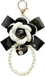 lot 11072 image: Camellia Flower Keychain with Black Bow, Pearl Bag Charm for Tote & Car