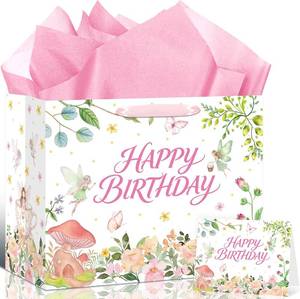 lot 11078 image: Fairy Birthday Gift Bag - Large Pink Floral with Tissue Paper & Card