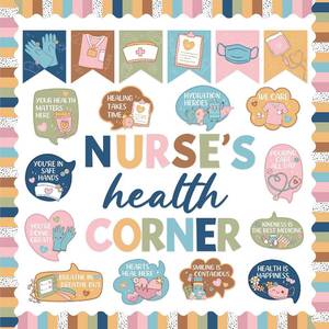 lot 11080 image: School Nurse Bulletin Board Decorations - 45 Pcs Boho Health Corner Set