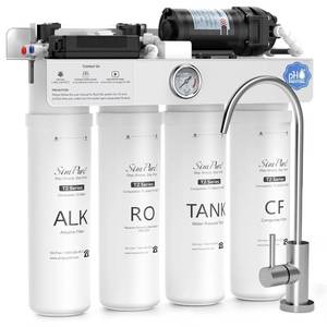 lot 131441 image: Retails for $246 SimPure T2-600A Reverse Osmosis Water Filter System Alkaline Water, NSFANSI 58 Certified, Built-in Pressure Tank Filter, UV, 600 GPD 8 Stage RO Filtration with Mineral, 21 Pure to Drain Ratio