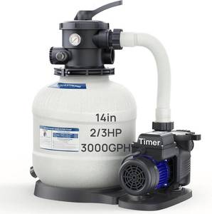 lot 331281 image: Retails for $230 AQUASTRONG 14in Sand Filter Pump for Above Ground Pool with Timer, 23 HP Pool Pumps Above Ground 3000 GPH for Pools up to 13000 GAL, Pool Filter with 6-Way Valve, Improved Circulation and Filtration