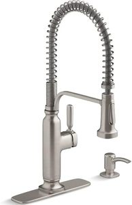 lot 490009 image: Retails $265 KOHLER Ealing PRO Vibrant Stainless 1-Handle Deck-Mount High-Arc Handle Kitchen Faucet