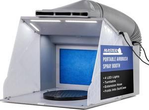 lot 221536 image: Retails for $120 Master Airbrush Portable Airbrush Spray Booth Kit with Dual Exhaust Fans, 4 LED Lights, Turntable & Extension Hose, 16x18x13 Hobby Airbrush Booth for Painting, Models, Arts, Crafts, Cakes