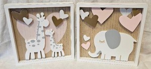lot 131 image: Framed Nursery Wall Art 2-Piece Set Giraffe Elephant Hearts