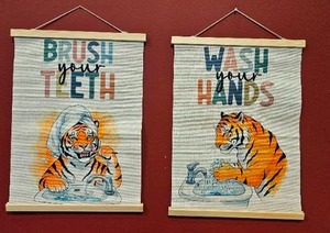 lot 157 image: Bathroom Hygiene Wall Hangings Tiger Print 2-Pack Brush Teeth Wash Hands
