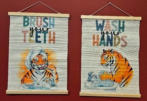 lot 158 image: Set of 2 Tiger Bathroom Hygiene Wall Hangings Brush Teeth Wash Hands