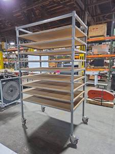 lot 6821 image: Mobile Shelving Unit w Casters 10-Tier Wood Shelves