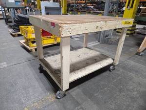 lot 6829 image: Industrial Work Cart with Wood Top and Shelving