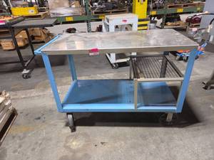 lot 6833 image: Blue Steel Work Cart w Stainless Steel Top