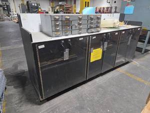 lot 6779 image: Industrial Metal Storage Cabinet w Glass Doors & Workbench