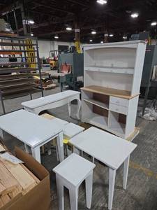 lot 6797 image: White Wood Hutch With Tables and Chairs