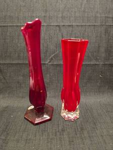 lot 1329 image: Red Candle Holders Pair with Hexagonal and Curved Bases