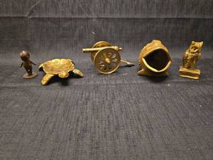 Brass Decorative Figurines Lot 5 Pieces Cannon Turtle Owl Child