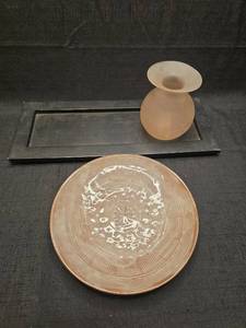 lot 1359 image: Celadon Bowl with Relief Decoration and Matching Vase 2-Piece Set