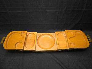 lot 1361 image: Wooden Expandable Serving Tray with Brass Handles and Carved Compartments