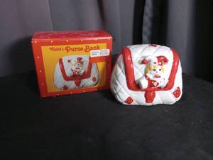 lot 6852 image: Childs Purse Bank Red and White Ceramic Clown Coin Bank