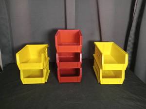 lot 6858 image: Plastic Stackable Storage Bins 7-Piece Set Yellow & Red