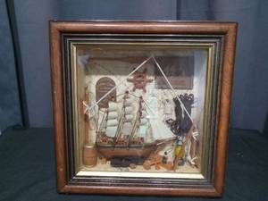 lot 6864 image: Framed Ship Model Diorama Display Case with Sailing Vessel