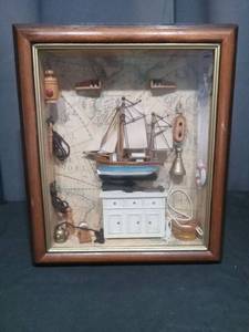 lot 6865 image: Framed Nautical Shadow Box Sailing Ship Display with Accessories