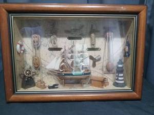 lot 6866 image: Nautical Shadow Box Display with Sailing Ship Model and Maritime Accessories