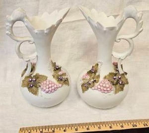 lot 128 image: Pair of Vintage Decorative Vases with Grape Cluster&nbsp