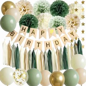 lot 16381 image: ANSOMO Sage Green Happy Birthday Party Decorations Retro Green Nude Ivory Dark Olive Kraft Paper Banner