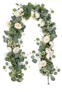 lot 16383 image: Artificial Eucalyptus Garland with White Roses, 2 Pack