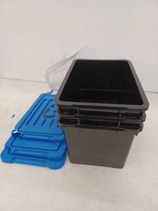 lot 16425 image: WYT 17 Quart Stackable Plastic Storage Bins with Blue Lids, 3 Pack, (Lids Are Broken)