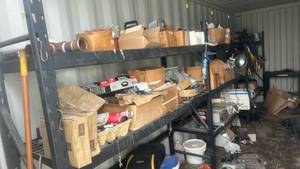 lot 148 image: Storage Container Contents Lot - Tools, Hoses, Parts, Fan, Shelving and Misc Items
