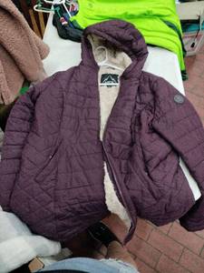 lot 63429 image: plum-colored HFX puffer jacket with Faux Fur Lining