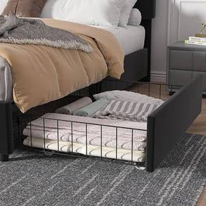 lot 63245 image: Vecelo Folding Full Size Bed Frame with Rolling Drawers and Powered Headboard