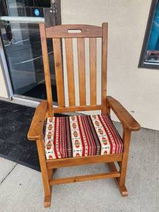 lot 91 image: Wood Rocking Chair with Southwestern Pattern Cushion