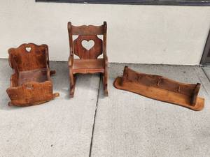 lot 92 image: Vintage Handcrafted Wood Baby Furniture Set 3 Pieces Heart Cutout Chair Rocker Shelf