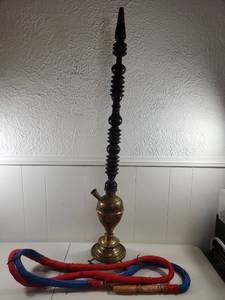 lot 110 image: Vintage Brass Hookah with Black Wooden Stem and Hose 70s