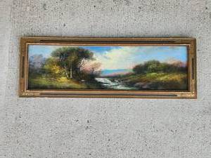 lot 123 image: Framed Landscape Painting Oil on Canvas Tree Stream Mountain Scene