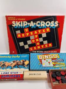 lot 168 image: Lot of 5 Vintage Board Games Skip-A-Cross Bingo Kentucky Derby Dominoes