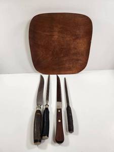lot 169 image: Vintage Antler Carving Knives And Wood Plate