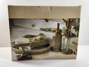 lot 175 image: Cedar Creek Kirklands 4-Piece Bath Set Toothbrush Caddy Soap Dish Mirrored Tray Lotion Dispenser