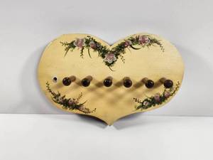 lot 201 image: Vintage Wood Hand Painted Heart-Shaped Coat Rack with Floral Decal and Wood Pegs