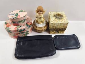 lot 207 image: Lot of 5 Decorative Items Angel Figurine Music Boxes Floral Boxes Black Wallets