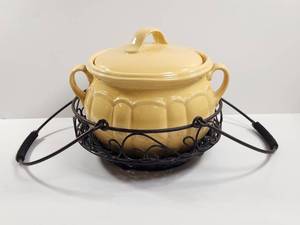 lot 210 image: Cream Ceramic Soup Tureen with Lid, Black Metal Stand and Handles