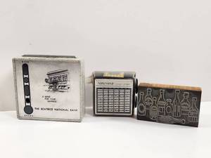 lot 211 image: Lot of 3 Items Beatrice National Bank Savings Bank Amesonic Radio Bottle Stamp