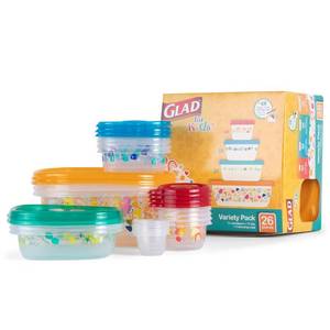 lot 501 image: Missing 3 Red2 Blue Lids Glad for Kids GladWare Back to School Food Storage Containers with Lids, BPA Free Plastic Variety Pack Rainbow Patterns for Kids Lunches and Snacks, Microwave Freezer Dishwasher Safe, 26 Piece Set - Retail $17