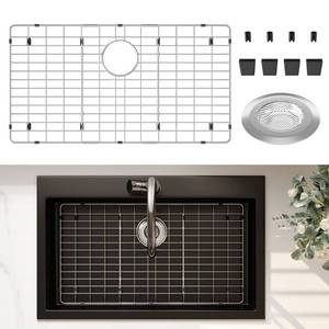 lot 508 image: Stainless Steel Sink Protector 28-34 x 15-34 with Rear Drain, Metal Sink Rack for Bottom of Sink, Kitchen Sink Grate and Sink Protectors with Sink Strainer (28-34 x 15-34 - Rear Drain) - Retail $49